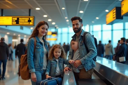Famille avec enfants en train d'effectuer l'enregistrement des bagages au comptoir d'Air Algérie dans un aéroport international