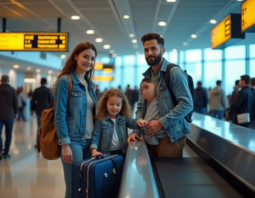 Famille avec enfants en train d'effectuer l'enregistrement des bagages au comptoir d'Air Algérie dans un aéroport international