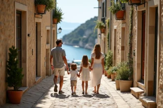Famille de quatre dans le village d Eze en été