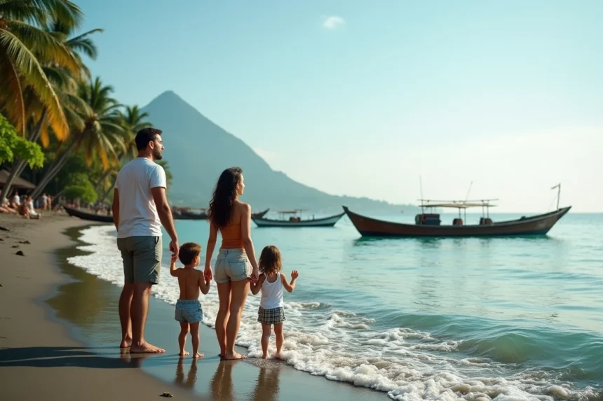 Famille avec deux adolescents profitant du bord de mer calme de la plage de Lovina à Bali, avec des bateaux de pêche traditionnels balinais et des palmiers en arrière-plan