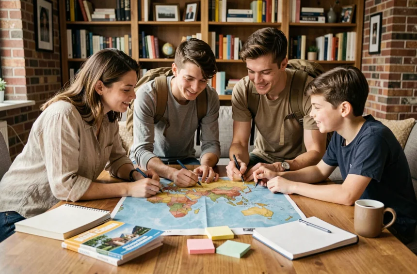 Famille planifiant un voyage inconnu autour d'une carte du monde sur une table en bois