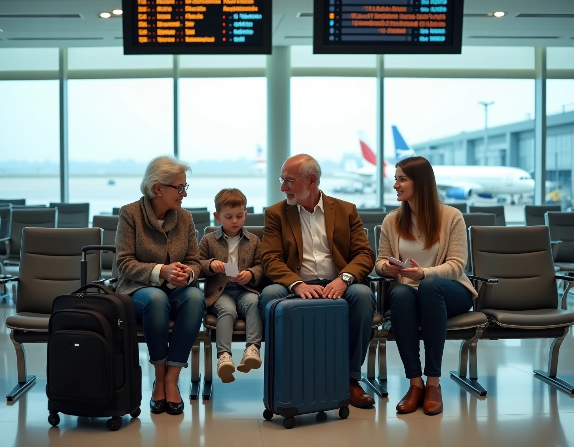 Famille multigénérationnelle attendant l'embarquement dans le salon de départ d'un aéroport avant un vol Air Algérie