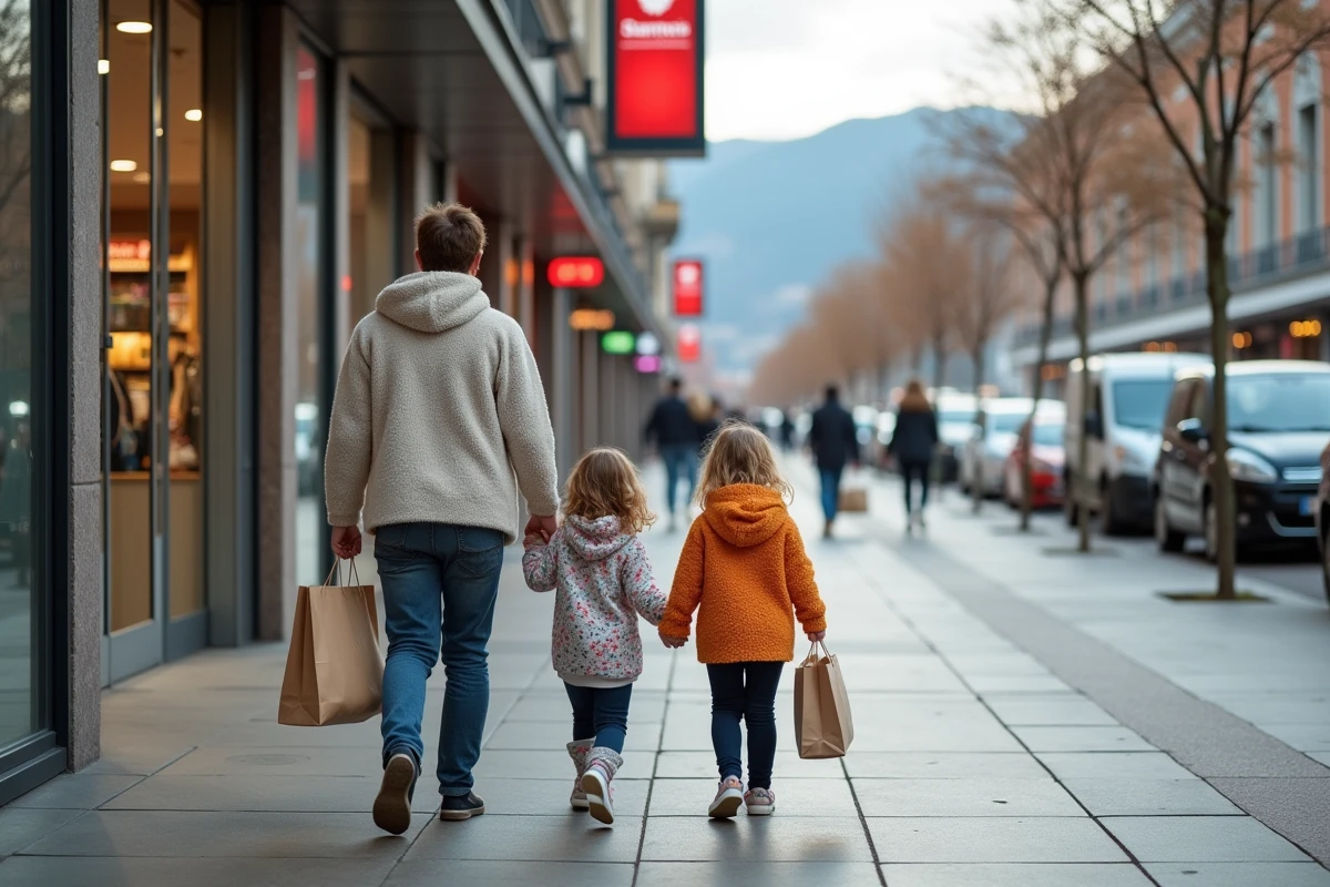 Famille avec sacs de courses devant un supermarché à Dancharia