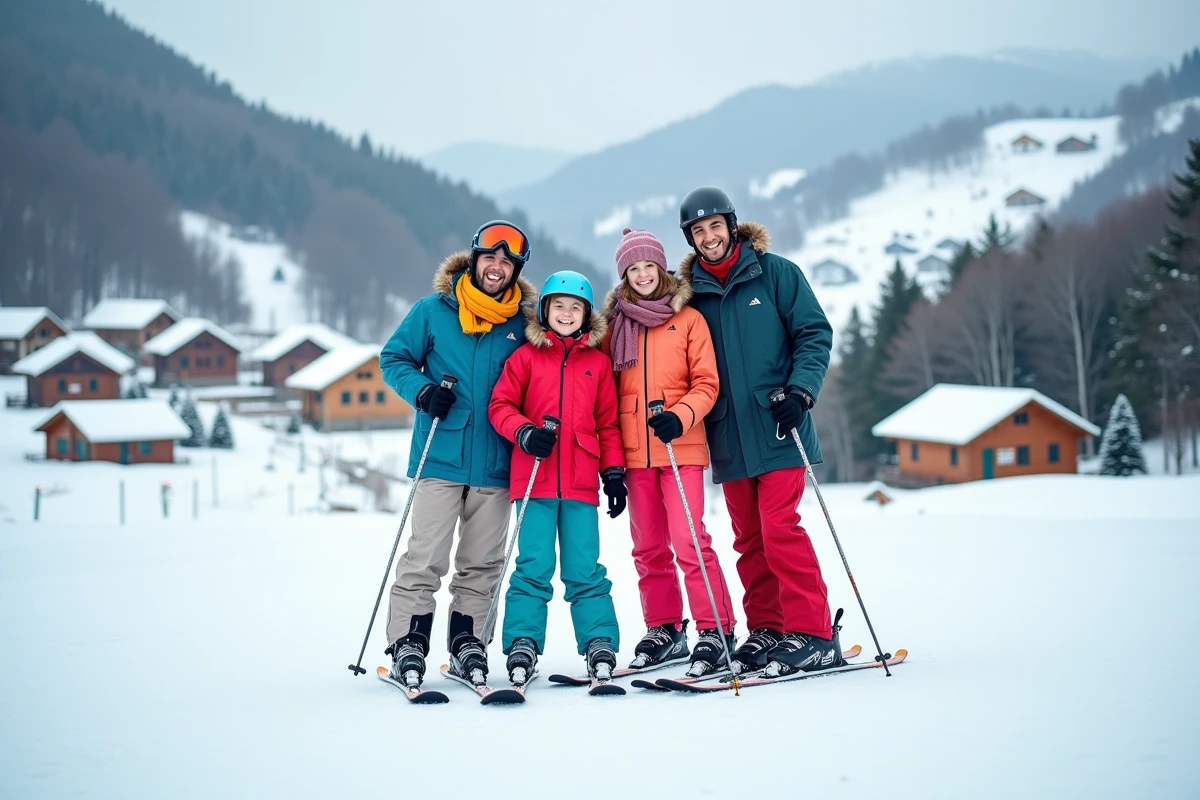 Famille souriante en ski dans les Alpes françaises