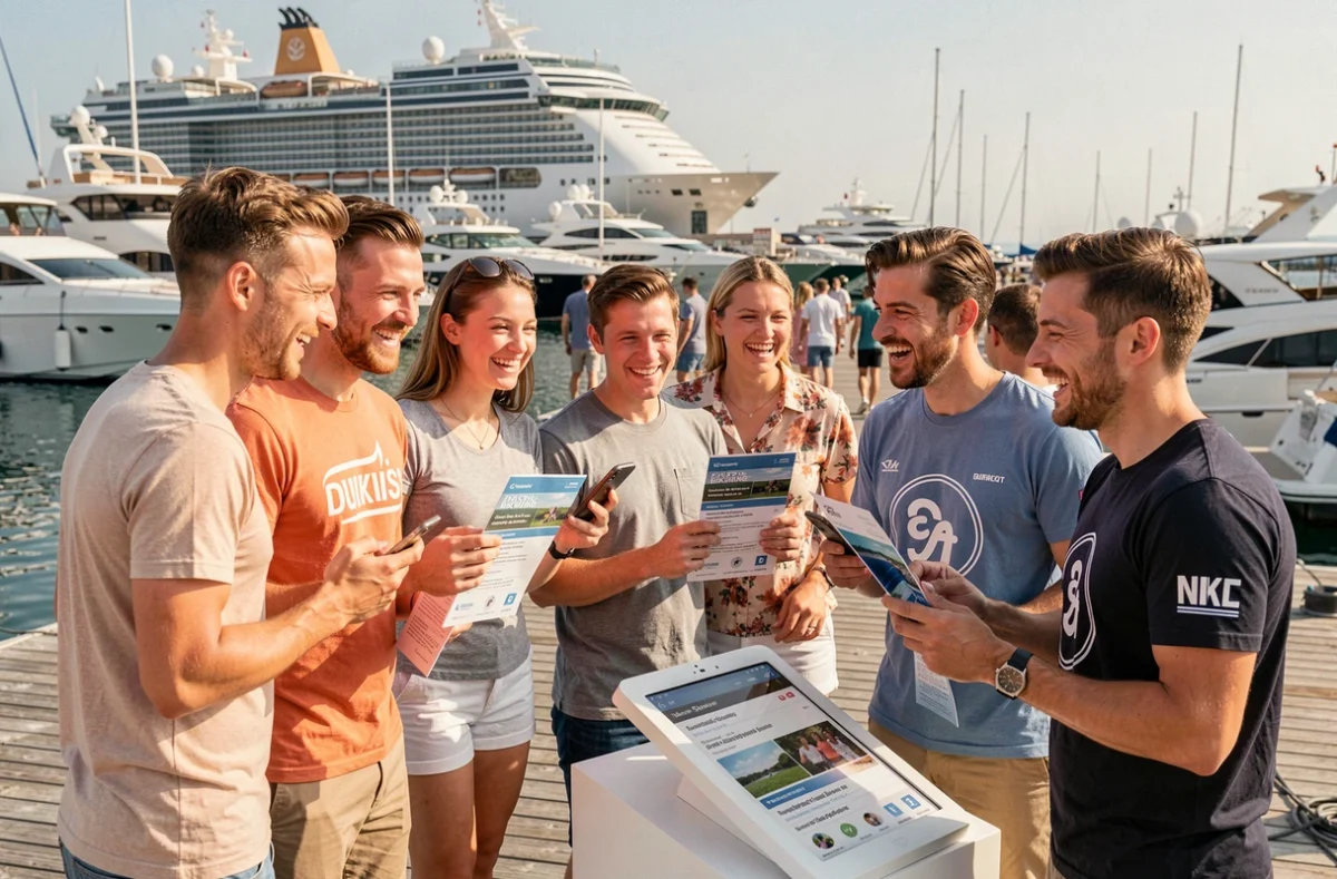 Fans enthousiastes s'inscrivant pour participer à une croisière événementielle sportive sur un quai de marina