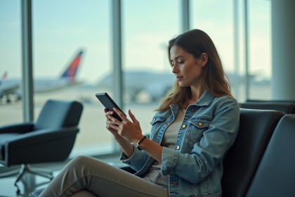 Femme assise dans un salon d'aéroport vérifiant son e-ticket