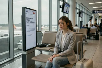 Jeune femme frustrée à un aéroport face à un panneau d'annulation de vol, illustrant le recours à AirHelp pour une indemnisation
