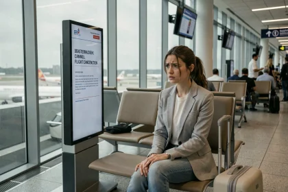 Jeune femme frustrée à un aéroport face à un panneau d'annulation de vol, illustrant le recours à AirHelp pour une indemnisation