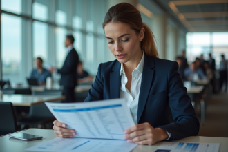 Femme d'affaires analysant des graphiques de vols à l'aéroport