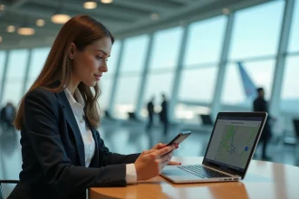Jeune femme d'affaires examine son ordinateur dans un aéroport