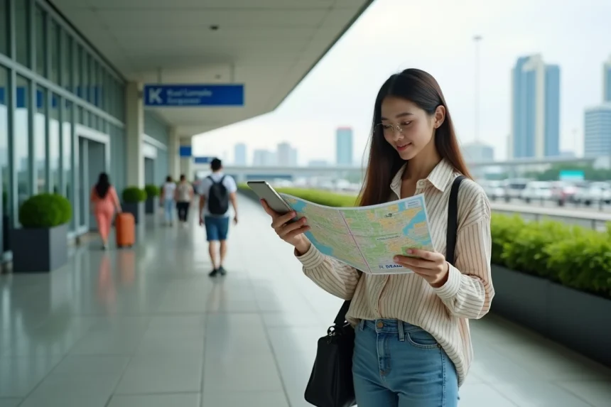 Femme asiatique regardant une carte &agrave; Kuala Lumpur