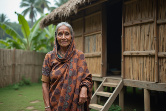 Femme âgée en mekhela sador devant maison en bambou