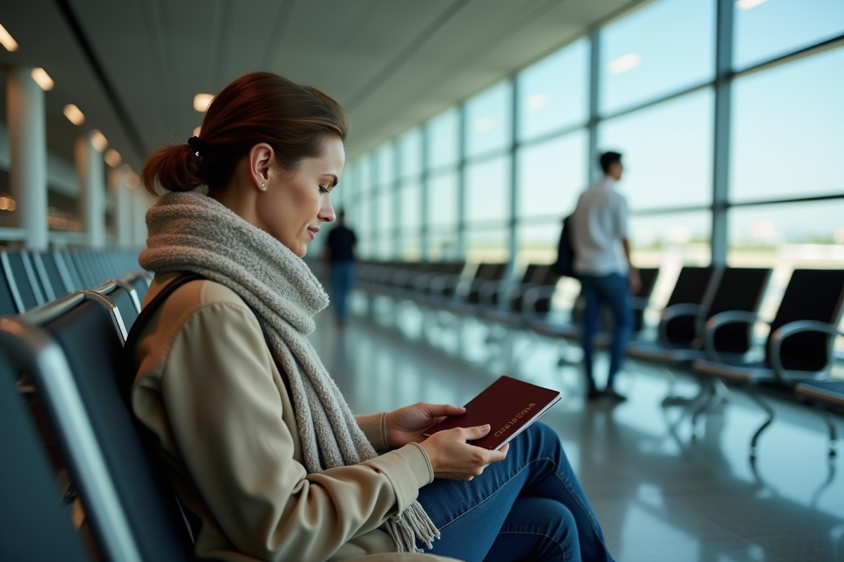 Femme dans l’attente à l’aéroport examinant son passeport