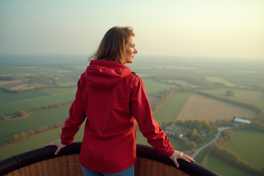 Femme en ballon regardant le paysage en contrebas