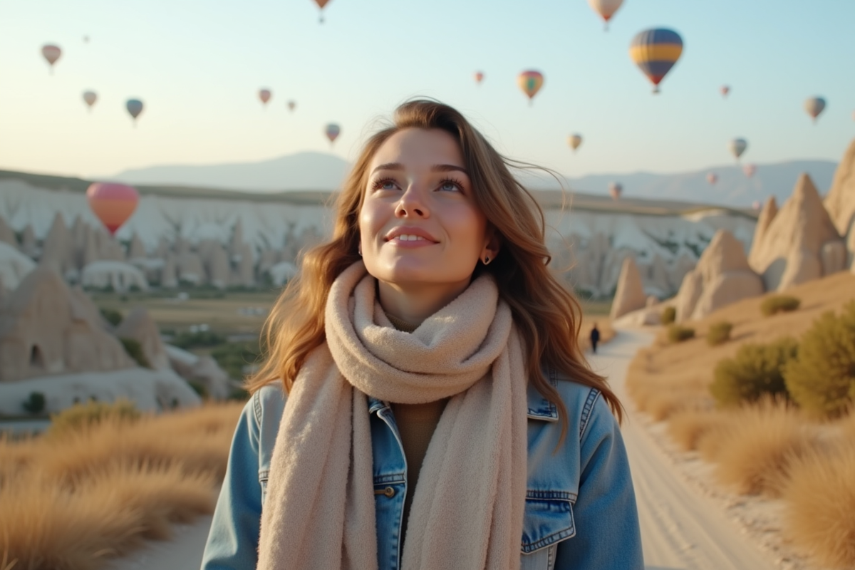 Femme contemplant les ballons dans le ciel de Cappadoce