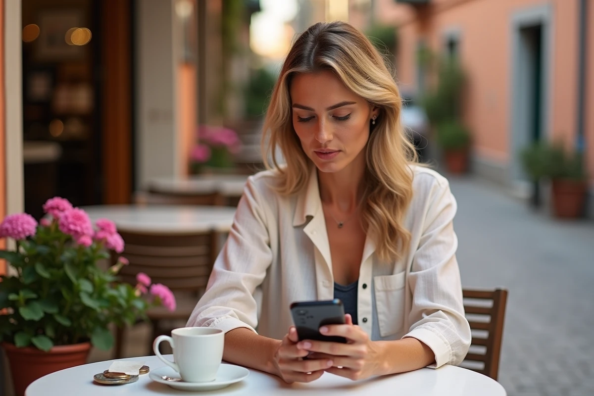 Femme réfléchissant à l'impact financier de la limite de cigarettes en Espagne devant un café en terrasse