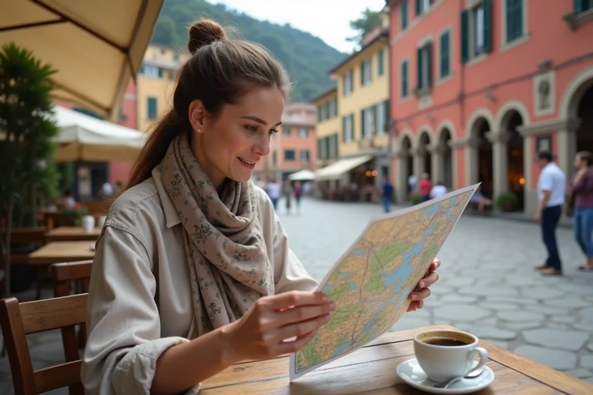 Femme &eacute;tudiant une carte de Cinque Terre en ext&eacute;rieur
