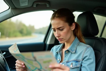 Femme consultant une carte Michelin papier au volant de sa voiture pour planifier un trajet routier