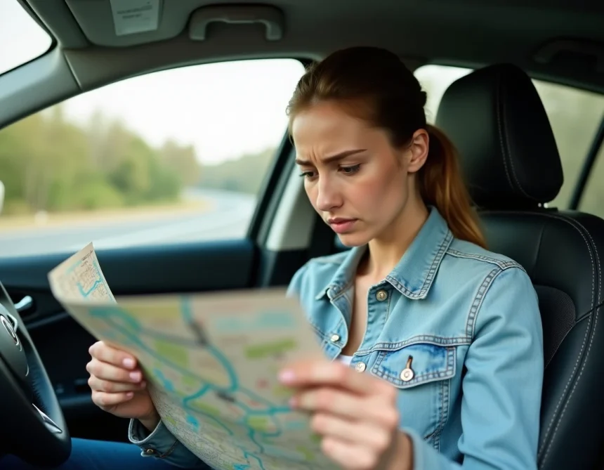 Femme consultant une carte Michelin papier au volant de sa voiture pour planifier un trajet routier