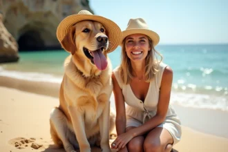 Femme et Labrador jouant sur une plage autorisée aux chiens en Espagne sur la Costa Brava