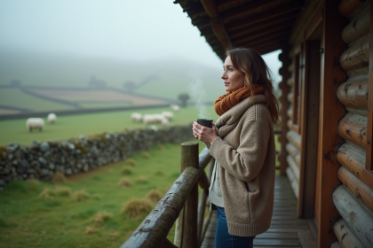 Femme regardant la campagne irlandaise brumeuse