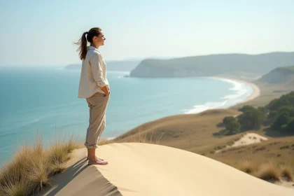 Femme souriante sur la Dune du Pilat face à l'océan