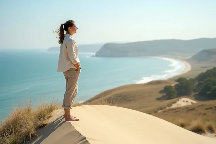 Femme souriante sur la Dune du Pilat face à l'océan