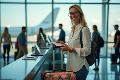 Femme souriante vérifiant son billet dans un aéroport animé