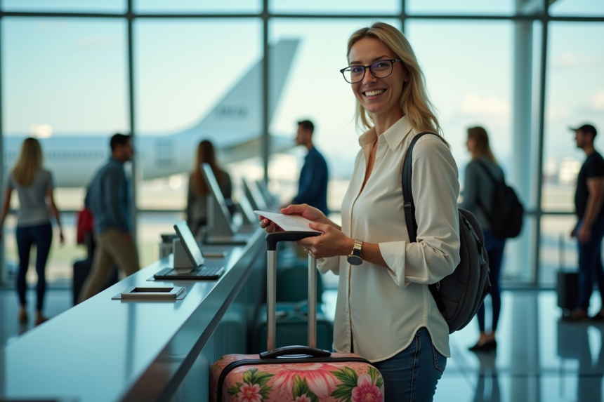 Femme souriante vérifiant son billet dans un aéroport animé