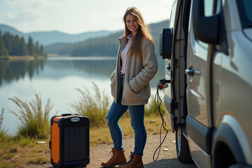 Jeune femme souriante avec panneau solaire et van au bord d'un lac