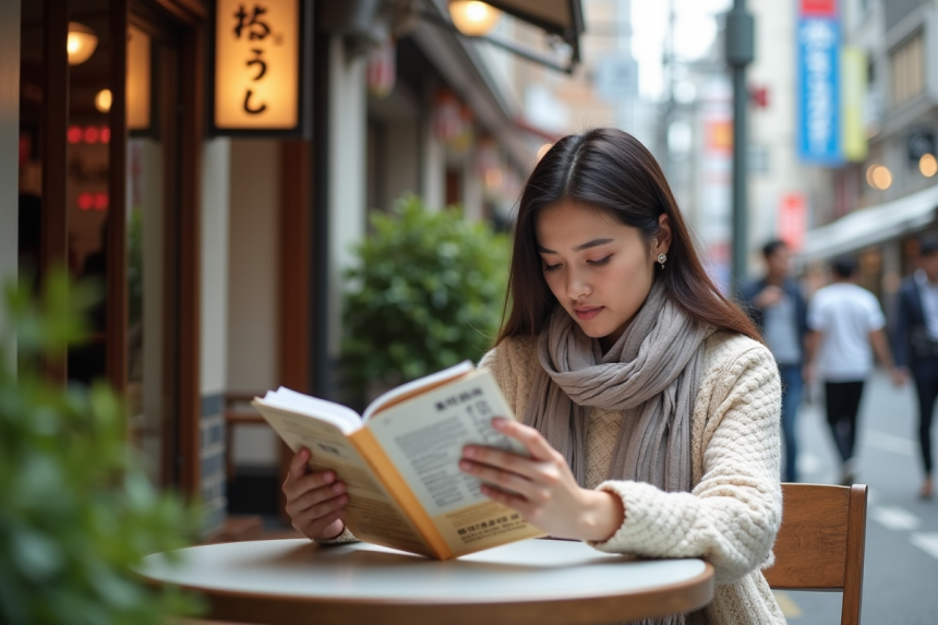 Femme française étudie japonais dans un café tokyo