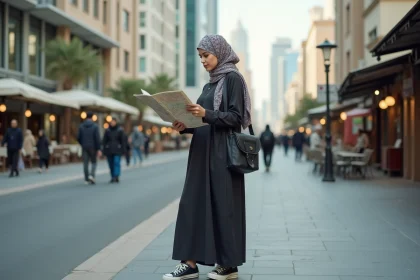 Femme en hijab regardant une carte en ville &agrave; Dubai
