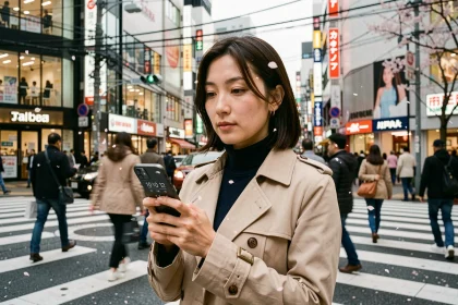 Femme japonaise consultant un fuseau horaire sur smartphone au carrefour de Shibuya à Tokyo au printemps