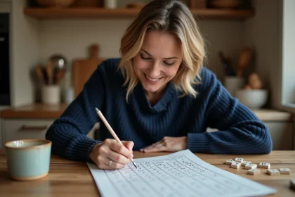 Femme jouant à un jeu de lettres avec grille et crayon sur une table en bois, ambiance cosy maison