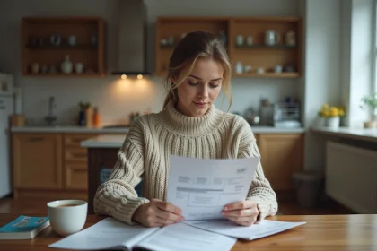 Jeune femme lisant une brochure d'assurance voyage au Canada