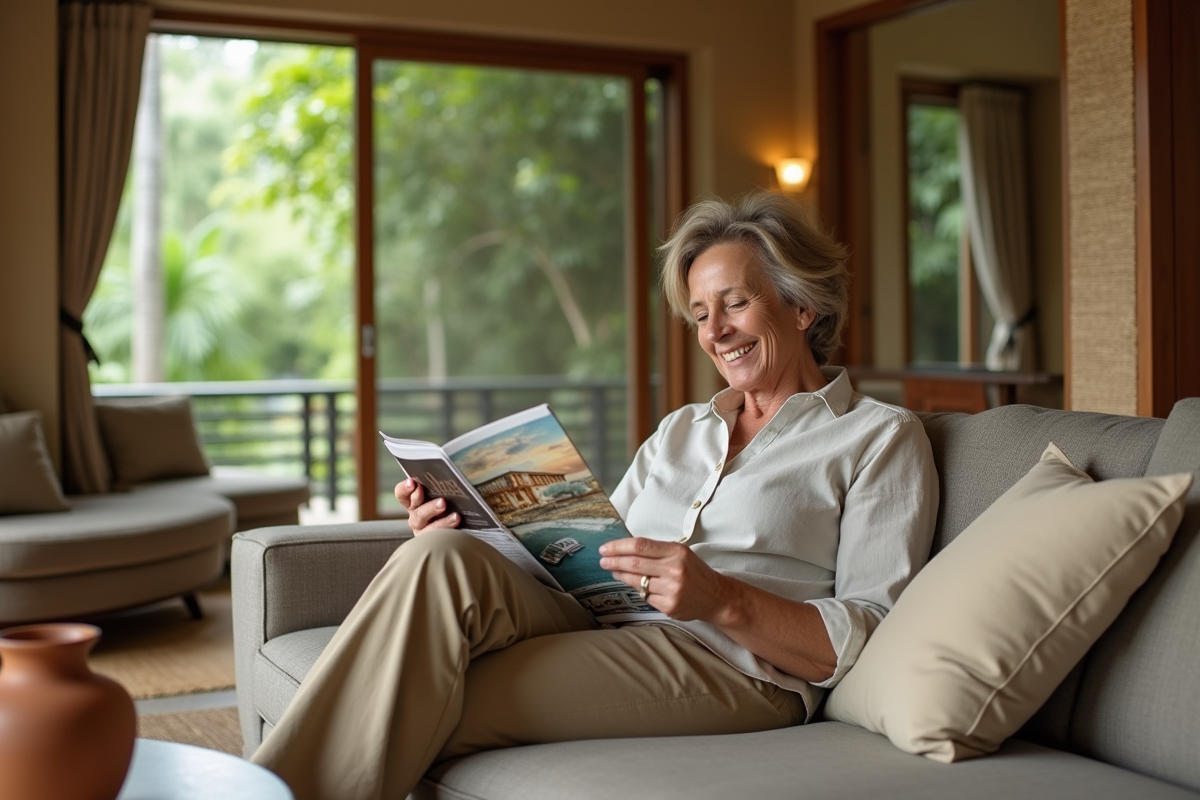 Femme lisant un magazine dans un intérieur cosy de lodge