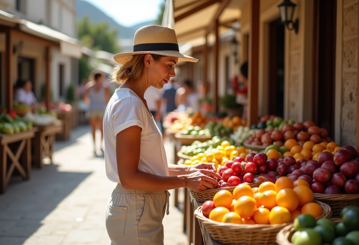Femme examinant des fruits au marché en Crète