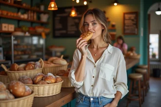 Femme dégustant une pâtisserie dans un marché lyonnais