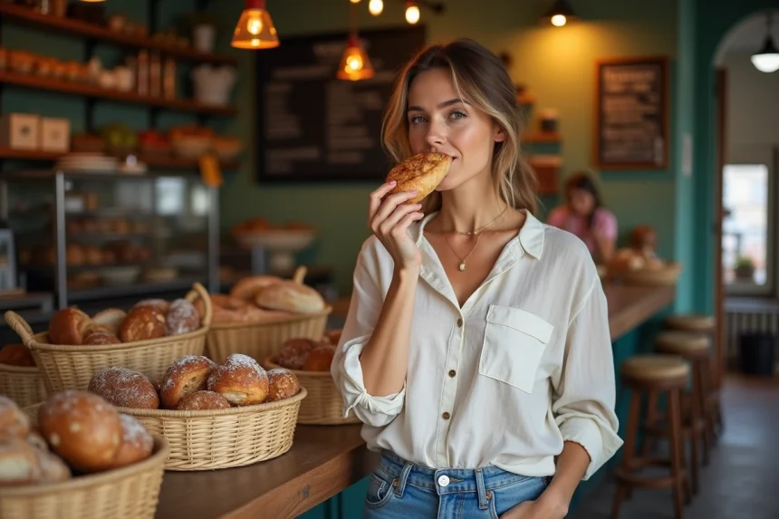 Femme d&eacute;gustant une p&acirc;tisserie dans un march&eacute; lyonnais