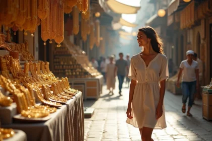 Jeune femme dans le souk d'or de Dubai admire des bijoux