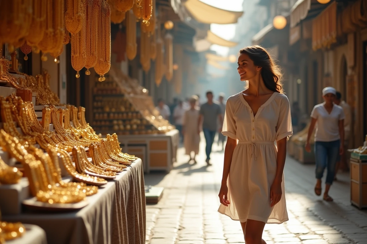 Jeune femme dans le souk d'or de Dubai admire des bijoux