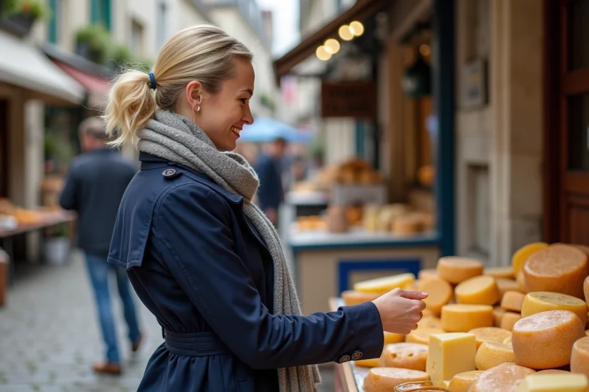 Femme en trench bleu examine fromages sur marché Honfleur