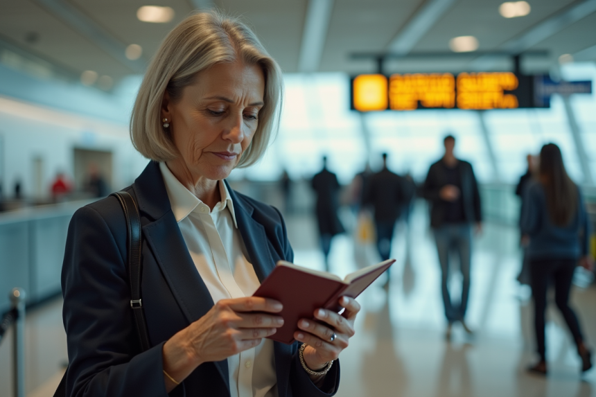 Femme examinant son passeport expiré à l'aéroport
