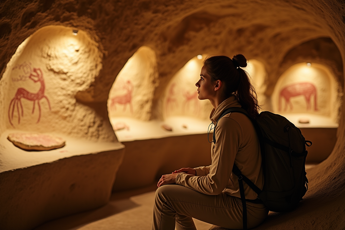 Jeune femme observant peintures préhistoriques dans une réplique