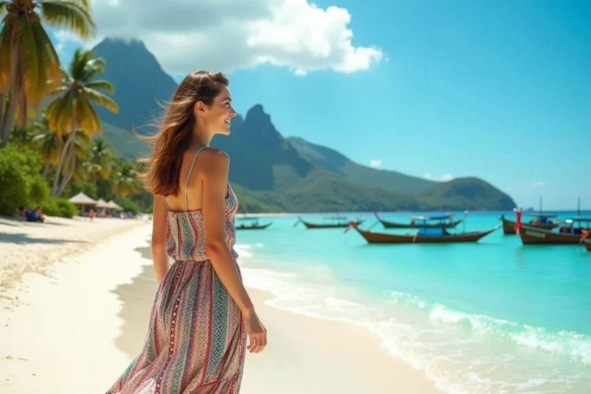 Jeune femme en robe colorée sur une plage tropicale