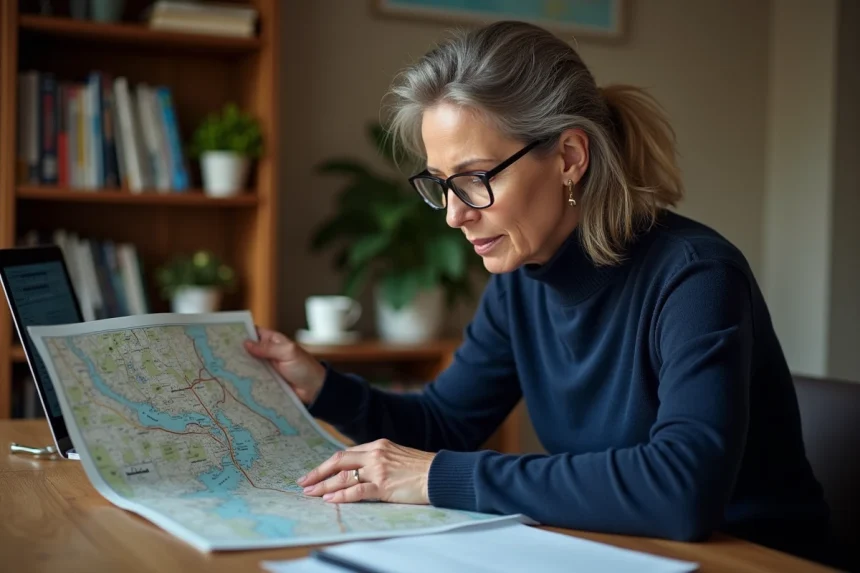 Femme consultant une carte routière et un planificateur d'itinéraire sur ordinateur pour paramétrer un trajet rapide ou économique