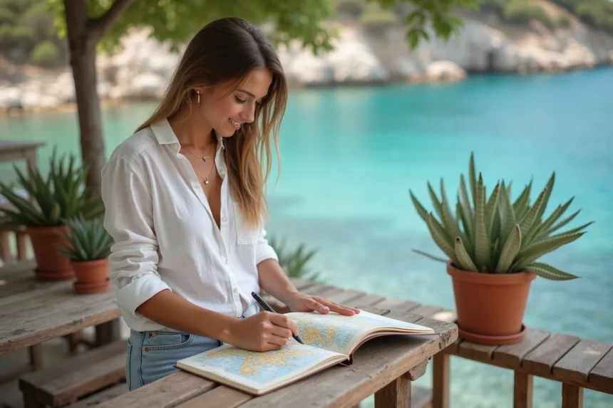 Jeune femme planifiant voyage sur terrasse en Zakynthos