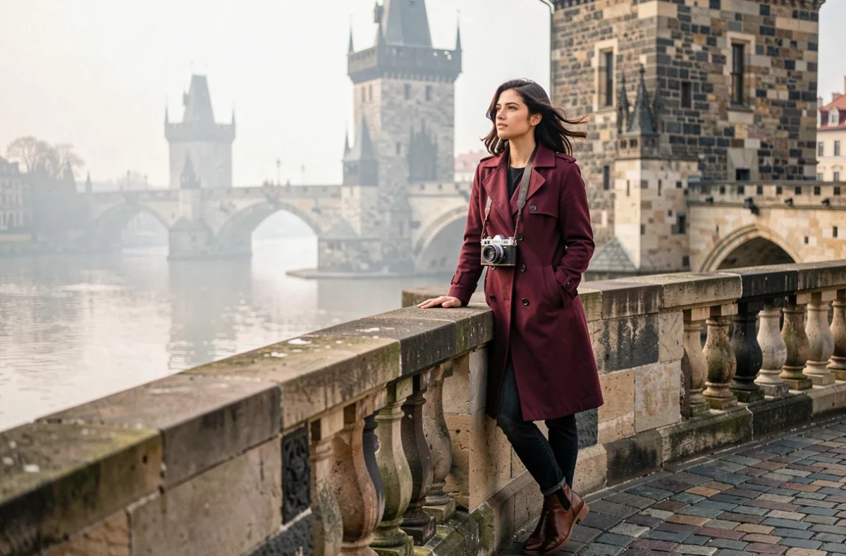 Jeune femme appuyée sur le parapet du pont Charles observant la Vltava à Prague