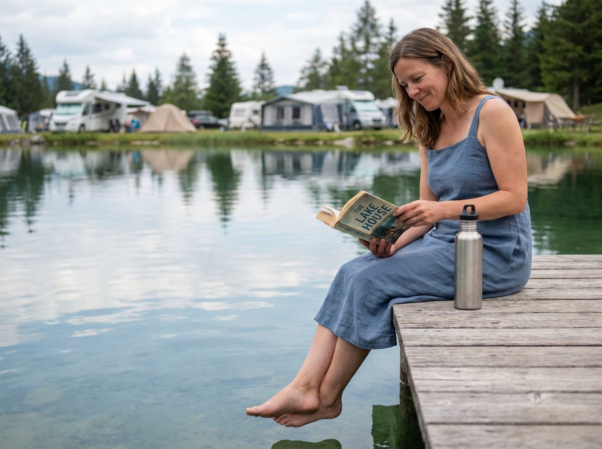 Femme lisant un livre les pieds au-dessus de l'eau sur un ponton en bois au camping du lac de Serre-Ponçon