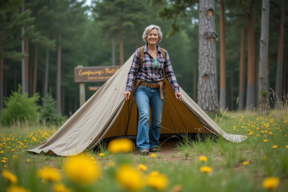 Femme en vêtements de randonnée déployant une tente en pleine nature